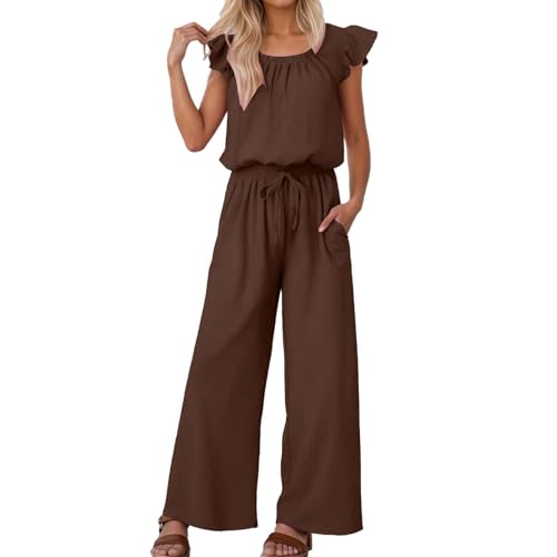 Conjunto de utensilios para 6 flowy beach pants falda larga conjuntos de mujeres 2 piezas outfits Women's 2 Piece Ruffle Sleeve Square Neck Casual Relaxed Fit Beach Travel Jumpsuit Coffee Medium