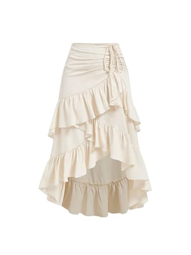 MakeMeChic Women's Western Cowboy Chic Boho Flowy Ruffle Midi Skirts Tiered High Low Asymmetrical Drawstring Skirts Apricot Medium