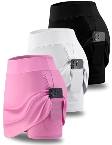 3 Pack Women's Athletic Skirts with Shorts Underneath, Tennis Golf Skorts Tummy Control Pockets for Workout Gym (Set 1, Medium)