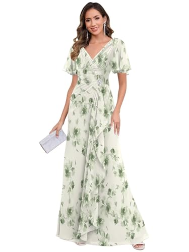 POMUYOO Lace Mother of Groom Dress with Sleeves Floral Sage Chiffon Ruffles Mother of The Bride Dresses for Wedding Plus Size 20W