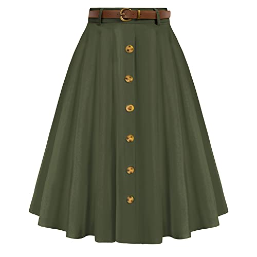 Women's Casual Button Front High Waist A Line Midi Long Skirt with Pockets Belts Army Green XL