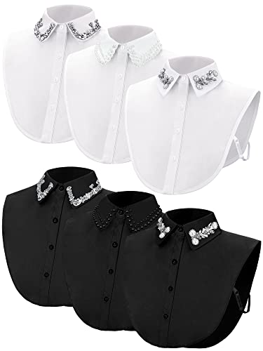 Giegxin 6 Pieces Fake Collar Detachable Dicky Collar for Women Winter Rhinestone False Pearl Half Shirt(Vintage,Black, White)