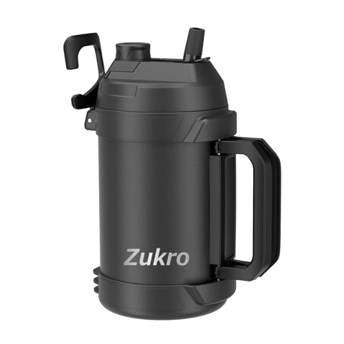 Zukro 1 Gallon Water Jug, One Gallon Large Triple Wall Insulated Metal Jug With Straw and Spout, No Sweat 128 oz Stainless Steel Sport Water Bottle Keeps Cold 48 Hours for Outdoors, Black