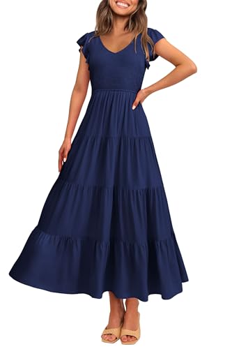 PRETTYGARDEN Women's Summer Flowy Maxi Dress Casual Cap Sleeve V Neck Smocked Beach Sundress (Solid Navy,Medium)