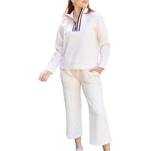 Mary Square Women's Casual Tracksuit Outfit, Lula Style Pullover and Pant Set, Polyester White Bows, Large
