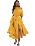 LILYIN Women’s Elegant Off Shoulder Short Sleeve Belted Side Slit Cocktail Party Swing Dress with Pockets (M, Mustard Yellow)