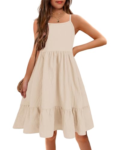 Arshiner Girls Summer Dresses Kids Sleeveless Beach Linen Swing Sundress Casual Midi Dress Khaki 8-9 Years