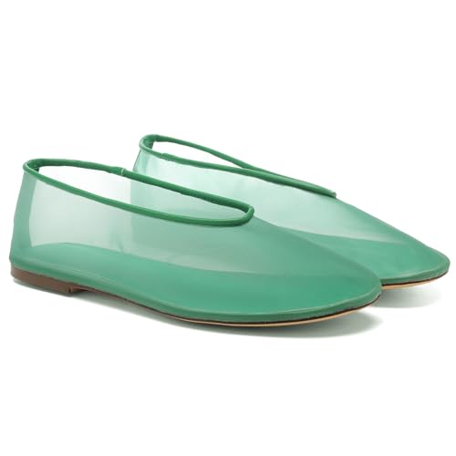 Green Mesh Ballet Flats for Women Round Toe Slip On Mary Jane Shoes Tulle Comfortable Casual Dress Ballerinas Flats