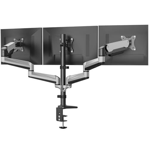 HUANUO Triple Monitor Stand - Full Motion Articulating Gas Spring Monitor Mount Fit Three 17 to 32 inch Flat/Curved LCD Computer Screens with Clamp, Grommet Kit, Silver