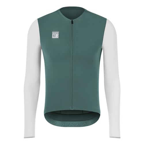 Santic Men's Cycling Jersey Long Sleeve Pro Road Bike Shirt Full Zipper UPF 50+ MTB Jersey with Pockets Green