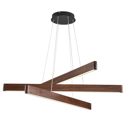 YISDESIGN 3-Light Linear Pendant Dining Room Light Fixture Modern Led Chandeliers for Living Room Dimmable Wood Ceiling Pendant Light 45W for Living Room Dining Room Kitchen Island Walnut Color
