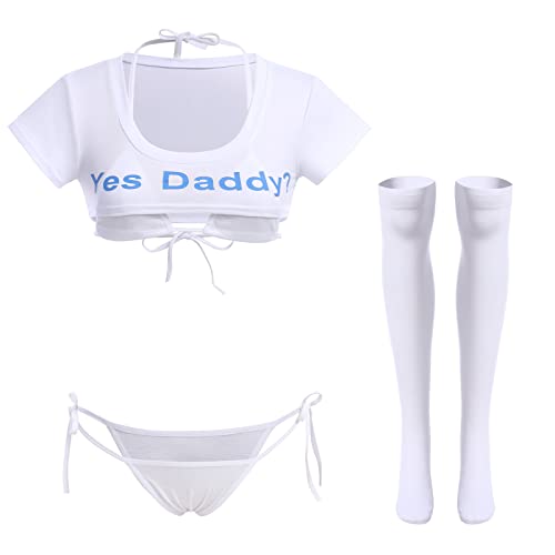 ABAFIP Women Kawaii Bikini Lingerie Set Yes Daddy Japanese Anime Cosplay Lingerie set Micro Tiny Bra G-String Crop Top Stockings 4 pieces underwear 2#White - 4pcs stockings One Size