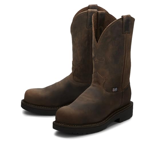 Justin Balusters 11" Steel Toe Work Boots for Men - Round Toe Full-Grain Leather Pull-On Steel Toe Boots with Slip-Resistant Outsole, EH Rated, Bay Gaucho - 9.5 EE