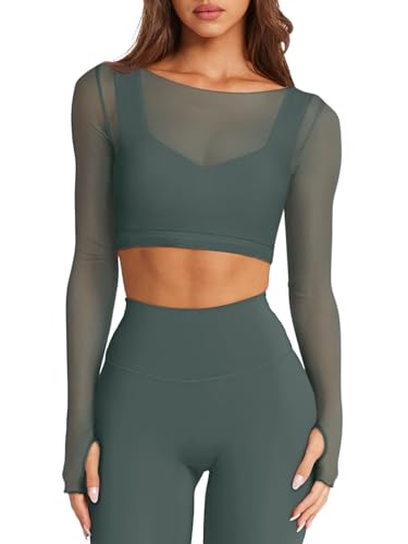 LASLULU Womens Sports Bras Long Sleeve Shirts Sexy Sheer Mesh V Neck Workout Ahtletic Dance Fitness Bra Tops Spring Summer Tops 2025(Forest Green X-Large)