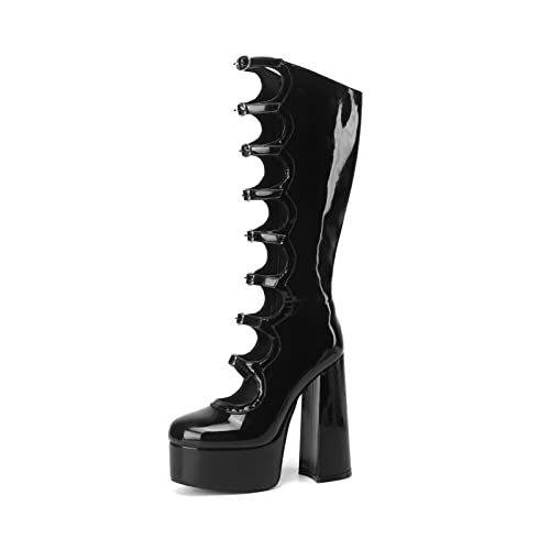 Frankie Hsu Gothic Lolita Women's Large Size Buckle Strap Black Patent Leather Platform Chunky Block Knee High Heeled Boots