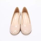 OCHENTA Women's Low Kitten Heels Round Toe Slip On Comfort Dress Shoes Pumps Patent Leather Beige 6.5