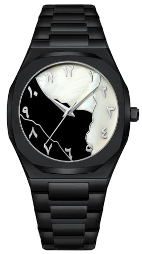 Gosasa Fashion Men's Quartz Watch with Middle Eastern Arabic Numeral Dial Design Stylish Stainless Steel Waterproof Business Casual Wristwatch (Black)