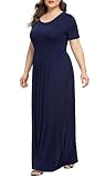 LONGYUAN Women's Maxi Dress Soft Plus Size Short Sleeve Loungewear Beach Swing Dresses Navy Blue, 2XL