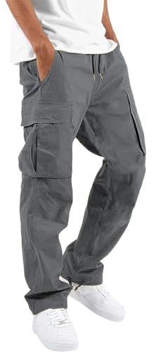 HUNGSON Mens Cargo Pants Drawstring Casual Hiking Pants Joggers Athletic Trousers Cotton Loose Straight Sweatpants for Men Dark Grey