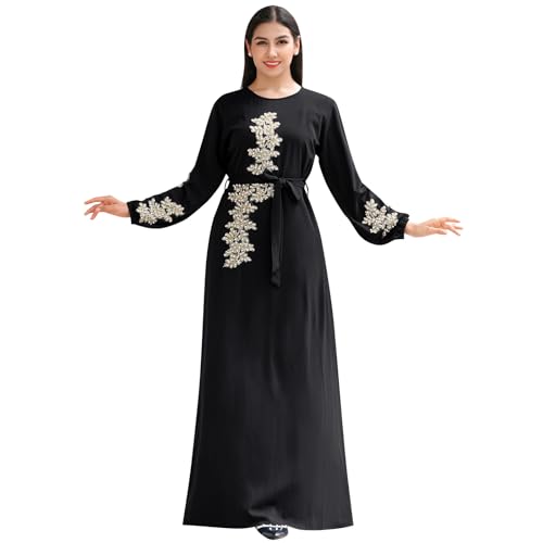 Abaya Dress for Women Floral Embroidery Muslim Robe Eid Ramadan Prayer Islamic Clothes Arabian Dubai Attire Boho Jalabiya Adult Turkish Thobe Modest Jilbab Afghan Kaftan Black S