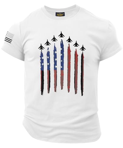 Mainfini Men's Fighter Jets Shirt Summer Training Tee Shirts 4th of July Distressed American Flag Muscle Patriotic Tactical 1776 Independence Day Workout Freedom Memorial Day USA Flag T-Shirt White L