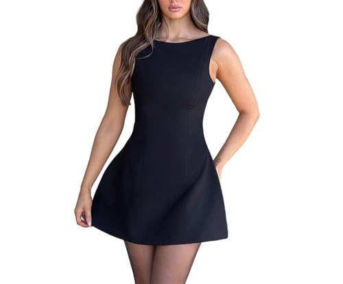 BNGD Women's Backless Vest Basic Dress Sexy Slim Short Dress(Color:Black,Size:S)