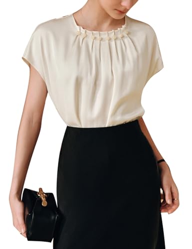 EVAZOU Women's Pleated Beads Round Neck Chiffon Blouse, Extended Shoulder Shiny Trendy Dressy Work Short Sleeve Top, L Apricot