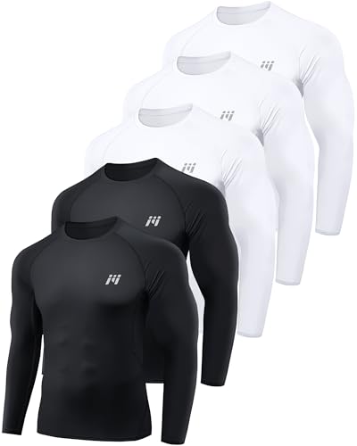 MEETWEE 5 Pack Compression Shirt Men, Long Sleeve Compression Shirts for Men, Base Layer Men Compression Undershirts - L