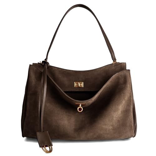 Leather Suede Tote Bag for Women: Genuine Leather Satchel Purse - Fashion Ladies Designer Shoulder Handbag for Travel Work (Coffee)