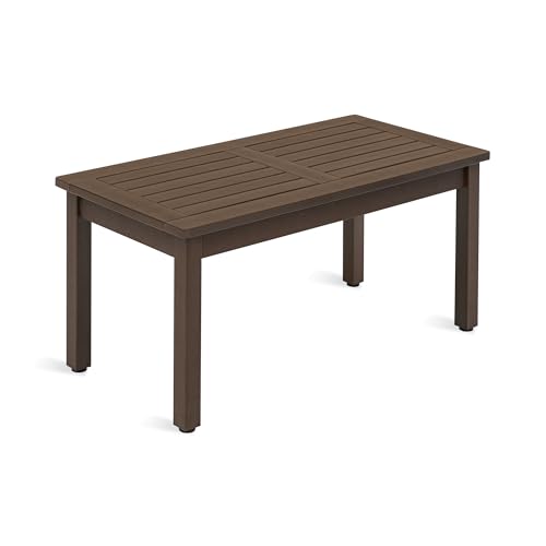 LUE BONA Outdoor Coffee Table Rectangle, HDPS Patio Coffee Tables for Outside, All Weather Patio Coffee Table with Slatted Tabletop for Deck, Garden, Balcony, Indoor or Outdoor Use, Dark Brown