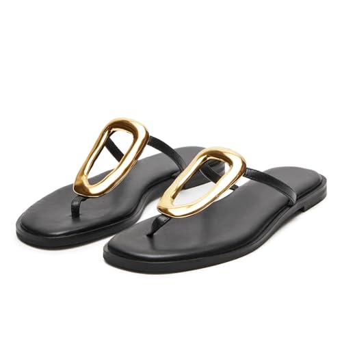 Wnshonzy Flip-Flops for Women Thong Sandals Flat Black Slip on Slides Leather Beach Comfort Open Square Toe Ladies Slipper Dressy Metal Hardware Decoration Summer Shoes Casual Fashion