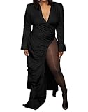 Women's Deep V Neck Ruched Long Sleeve Side Split High Low Irregular Hem Top Tunic Blouse Long Shirt Dress 3X-Large Black