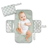 Tiny Twinkle Portable Diaper Changing Pad-Foldable Waterproof Changing Mat&Portable Changing Pad for Travel,Baby Changing Station with Smart Wipes Pocket&Storage (Sage Checkers)
