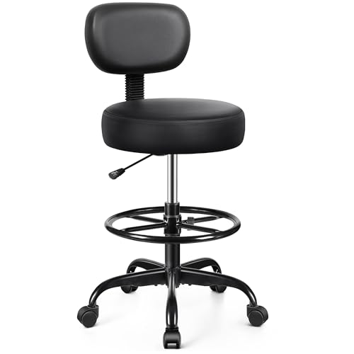 Brick Attic Drafting Chair with Backrest – Adjustable Foot Rest Rolling Stool with Wheels, PU Leather Swivel Stool for Office Spa Studio Lab Counter Salon Home Work Bar Kitchen Shop(Black)