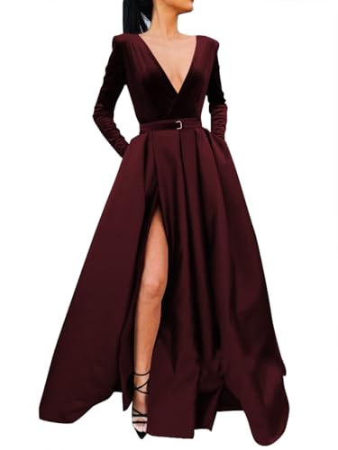 Miao Duo V Neck Velvet Prom Dresses with Pockets for Women Long Sleeve Satin Formal Prom Dress with Slit Burgundy 16