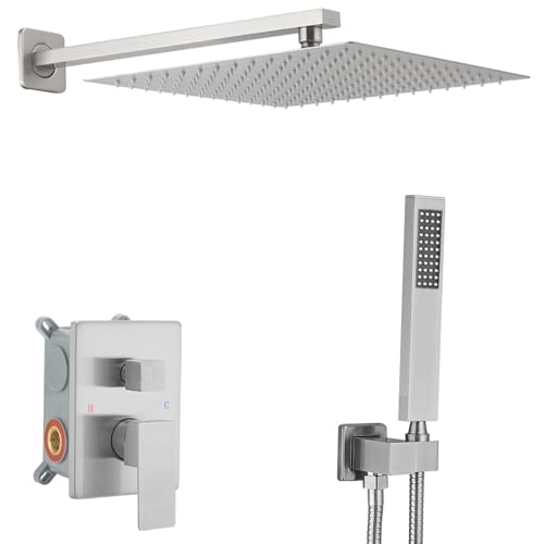 JingGang Brushed Nickel Shower System 12 Inch Bathroom Luxury Rain Mixer Shower Combo Set Wall Mounted Rainfall Shower Head and Handheld System Shower Faucet Set Rough-in Valve Body and Trim Included