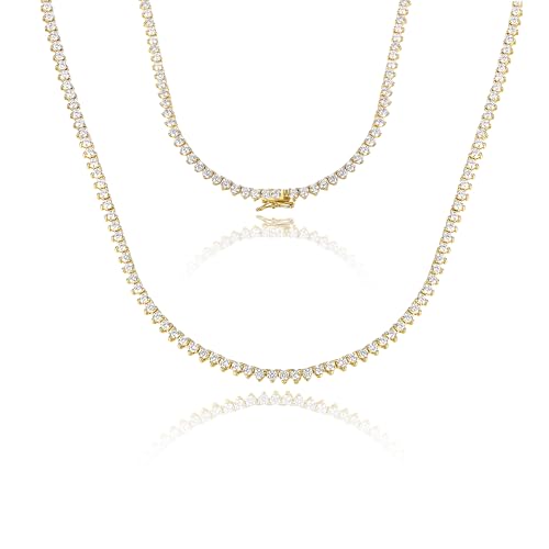 Gemsme 3 Prong 2mm Tennis Necklace, 18K Yellow Gold Plated 2.0mm Round Cubic Zirconia Classic Tennis Necklace For Women Thin Necklace Chain Jewelry (22 inch)