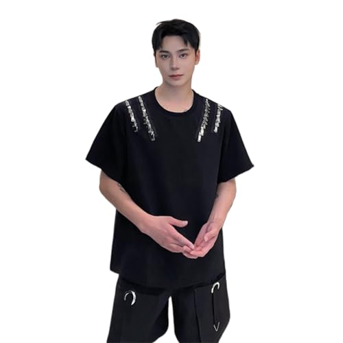 Zipper T-Shirts Shoulder Short Sleeve Top American Style Solid Color Neck Casual Male Clothing s1 Black8 XS