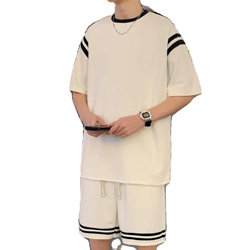 Summer Tracksuit Men Korean Loose Suits -Shirt and Shorts Two-Piece Sets Streetwear Oversized Clothing s3 Beige XL