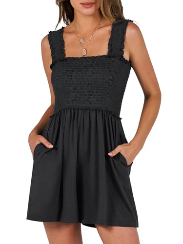 Caracilia Women's Summer Casual Smocked Rompers Square Neck Sleeveless Loose Shorts Jumpsuit 2025 Beach Vacation Outfits Black