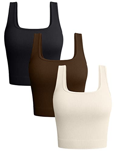 OQQ Women's 3 Piece Tank Tops Ribbed Seamless Workout Exercise Shirts 2025 Summer Basic Camis Black Coffee Beige