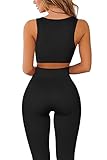 QINSEN Workout Leggings for Women High Waist,Seamless Workout Bra 2 Piece Outfits Set 03 Black M