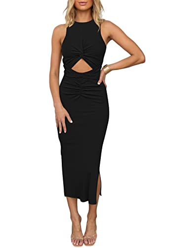 HUUSA Women's Autumn Crisscross Sleeveless Spring Midi Dress Elegant Sexy Cut Out Knot Twisted Side Slit Ruched Bodycon Cocktail Party Pencil Belted Dresses 2025 Black S