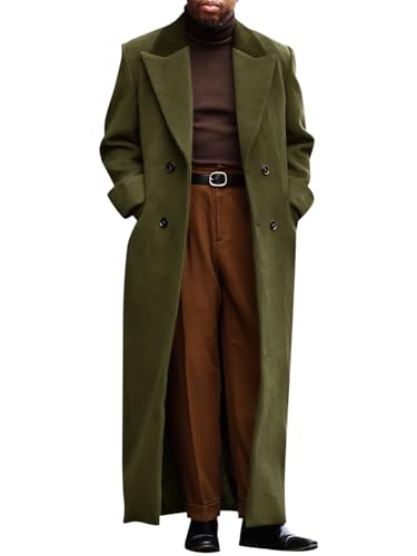 Runcati Mens Full Length Trench Coat Notched Lapel Long Jacket Double Breasted Classic Winter Overcoat