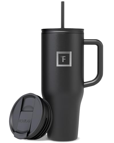 IRON °FLASK Co-Pilot Insulated Mug w/Straw & Flip Cap Lids - Cup Holder Bottle for Hot, Cold Drink - Leak-Proof - Water, Coffee Portable Travel Mug - Midnight Black, 40 Oz