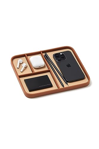 Nordik Leather Valet Tray - Sand Brown - Premium Vegan Leather Stylish and Organised Nightstand Tray for Men - EDC Catchall Tray for Keys, Watch, Wallet, Jewellery - Modern Bedside Caddy