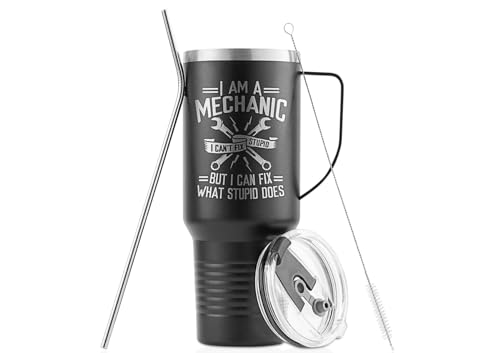 Onebttl Mechanic Gifts for Men, Gifts for Him, 40oz Tumbler with Handle and Straw, Insulated Coffee Mug with Lid, I Can't Fix What Stupid Does