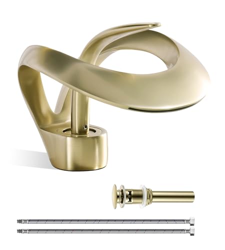 Elegant Bathroom Sink Faucet Single Hole,AUU Waterfall Brushed Gold Vanity Sink Faucet Solid Brass,Single Handle Lavatory Basin Tap with Pop Up Drian Supply Line (Brushed Gold, Short)