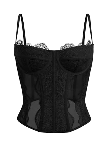 Dealmore Corsets For Women Going Out Lace Mesh Date Night Spaghetti Strap Party Club Fall Outfits 2025 Black Medium