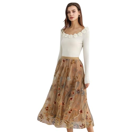 CHICWISH Women Floral Embroidered Tulle Skirt Flared A Line High Elastic Waist Mesh Double-Layered Midi Skirt Camel